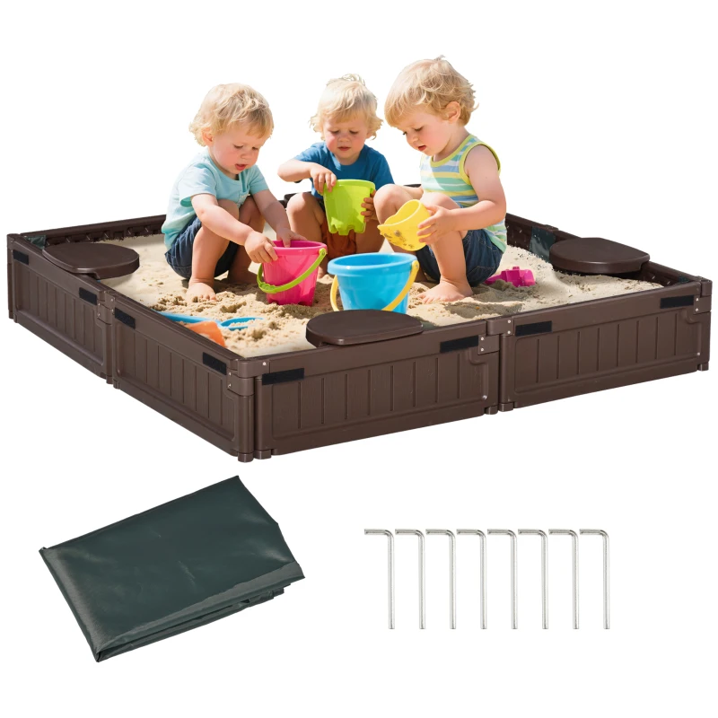 Outsunny Sandkasten com Abdeckplane & Bodenplane estilo Modular 4 Assentos 1,23x1,23 m Castanho