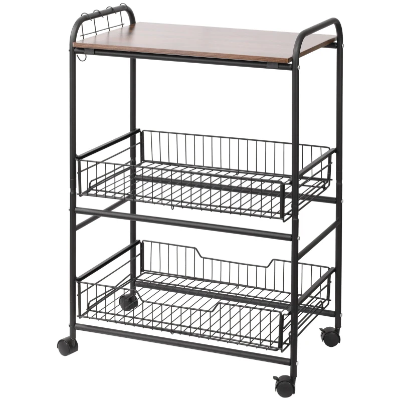 HOMCOM Carrinho de Cozinha 3 Níveis Armazenamento Rodízios 2 Cestos Removíveis Prateleira e Ganchos Laterais 60x38x85,5 cm Nogueira