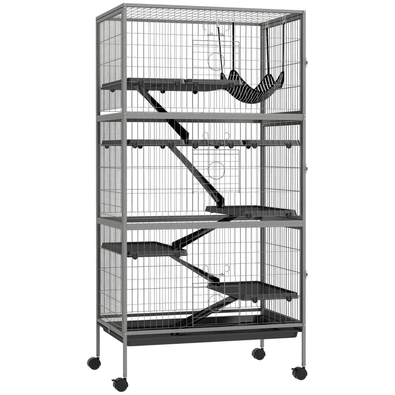 Pawhut Gaiola para Roedores Multifuncional 4 Plataformas 3 Rampas 4 Portas 80x52x159 cm Aço Cinza Prateado Preto