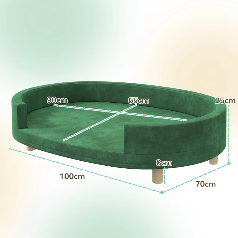 Pawhut Canapé para Cão Poltrona para Gato Superfície em Veludo com Almofada Removível Pés em Madeira 100x70x25 cm Verde