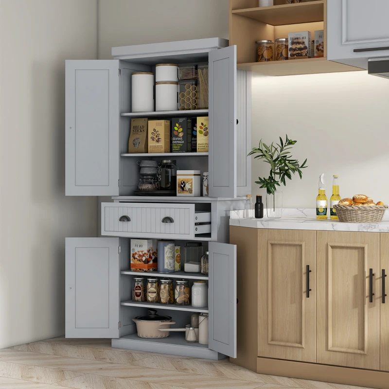 HOMCOM Armário de Cozinha Buffet Cozinha Multi Armazenamento Prateleiras Ajustáveis 4 Portas e Gaveta Grande 76,2x40,2x183 cm Cinza