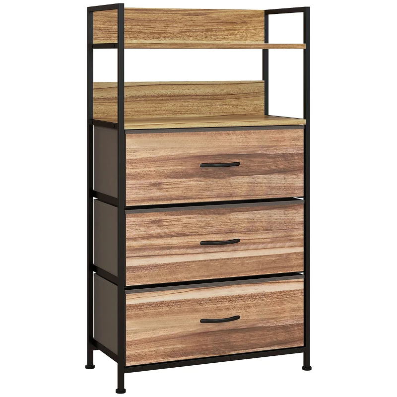 HOMCOM Móvel de Arrumação Estilo Industrial Cómoda 3 Gavetas em Tecido Removíveis e 2 Prateleiras 60x29x101 cm MDF e Metal