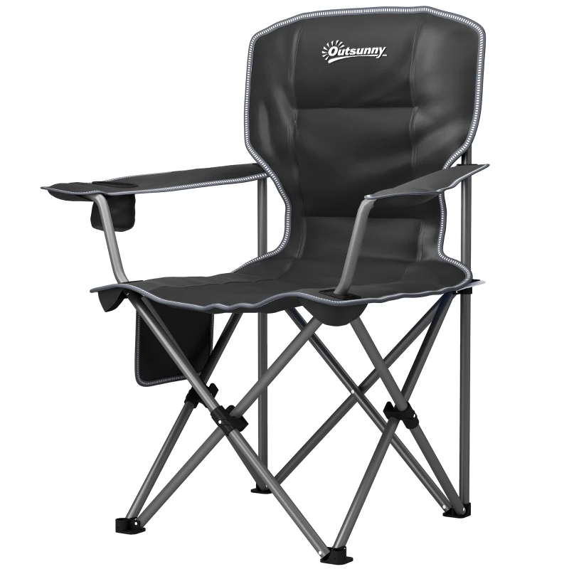 Outsunny Cadeira de Camping Dobrável e Portátil com Porta Copos Bolsos Laterais e Saco de Transporte Preto