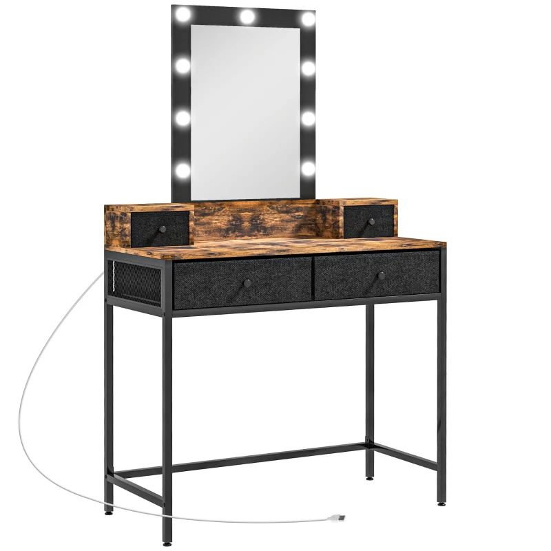HOMCOM Penteadeira Mesa de Maquiagem Espelho LED Ajustável Integrado Base em Metal Preto 4 Gavetas de Tecido Aspecto Madeira Escura