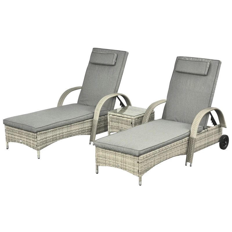 Outsunny Espreguiçadeira de Jardim Conjunto de 3 Peças com Mesa de Vime Sintético Metal Cinza