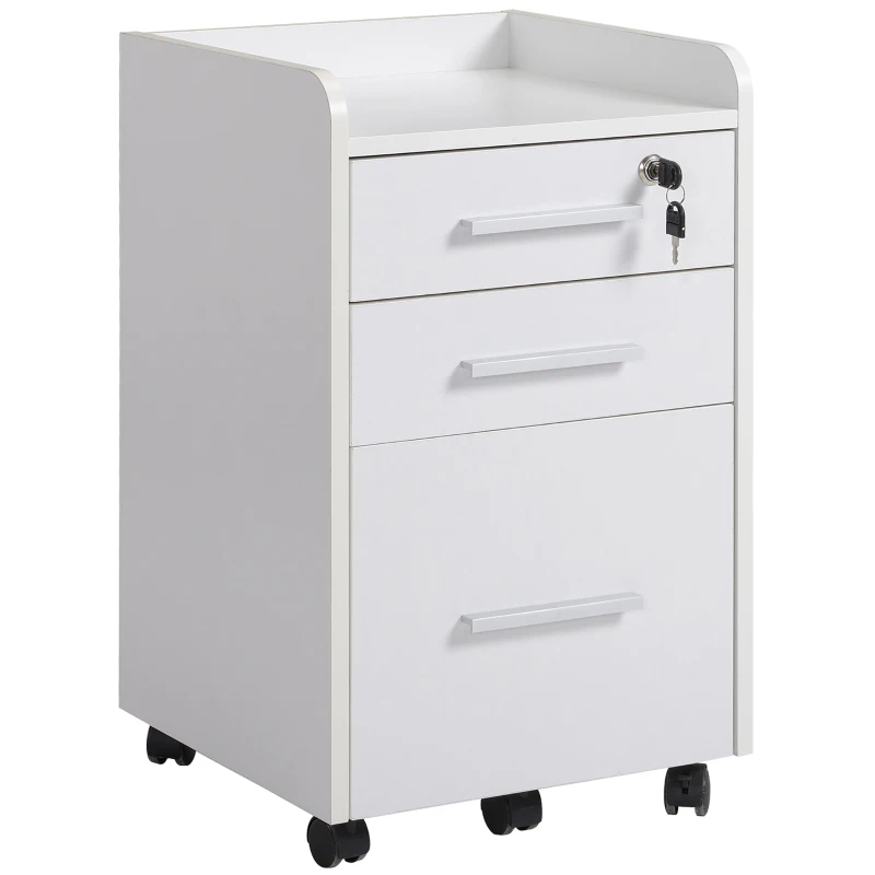 HOMCOM Caisson de bureau rangement bureau sur roulettes 3 tiroirs 1 verrouillable 1 trieur dossiers en bois blanc