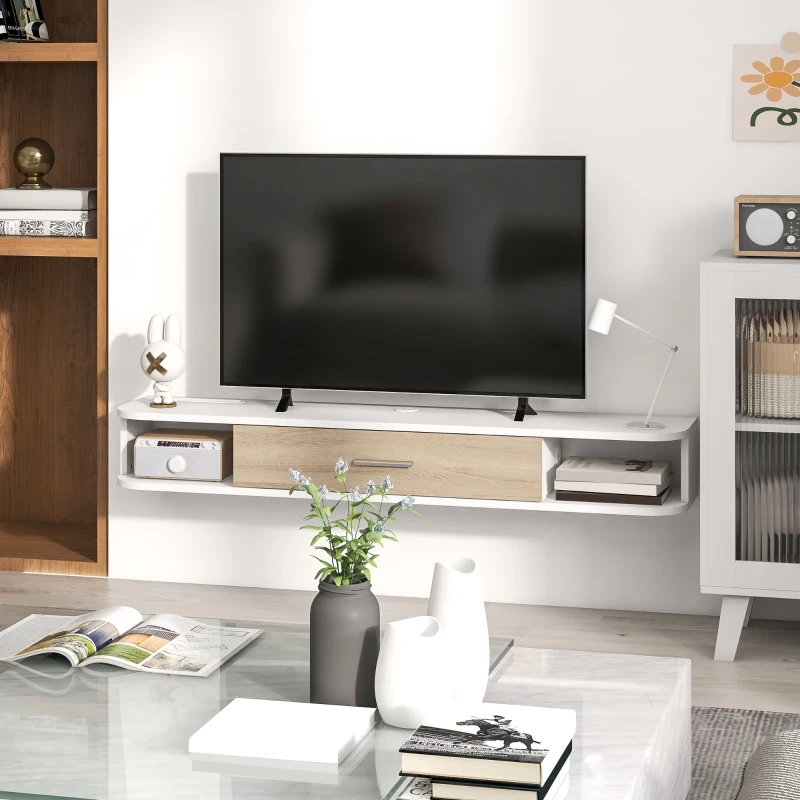 HOMCOM Móvel de TV Suspenso Bancada TV Até 50 Polegadas com Compartimentos Abertos e Armário com Porta Basculante Branco