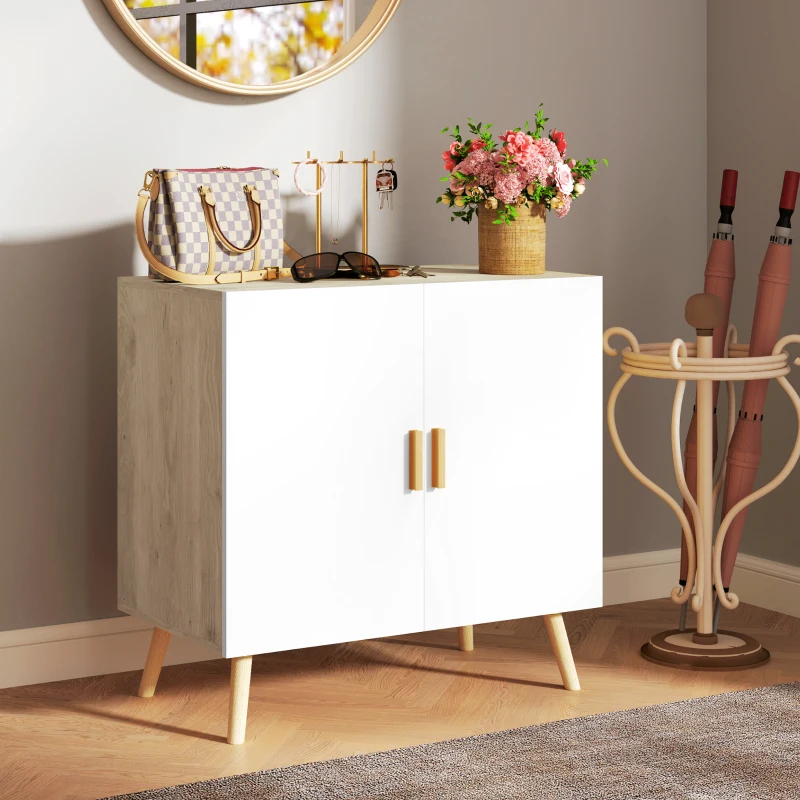 HOMCOM Buffet Móvel de Armazenamento com Alças de Bambu Prateleira Ajustável Base Elevada 76x41,2x74 cm Branco Madeira Natural