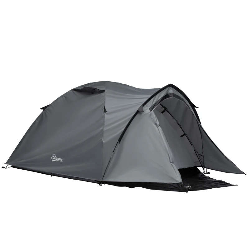Outsunny Tenda de Acampamento 2-3 Pessoas Tenda Dôma Impermeável Leve Ventilada 2 Portas Janelas Fibra de Vidro Poliéster PP Cinza