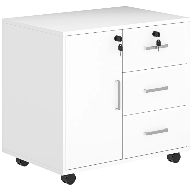 HOMCOM Caixão de Escritório Móvel de Armazenamento Trancável com 3 Gavetas e Prateleira Ajustável Rodízios 40x60x56 cm Branco