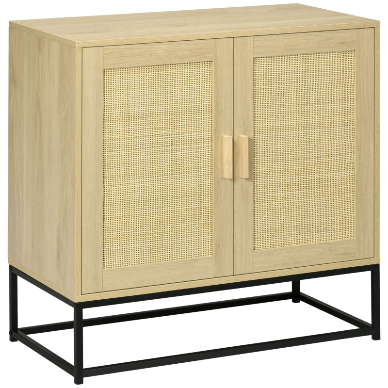 HOMCOM Buffet Baixo Estilo Boêmio com Armário 2 Portas Vime Entrelaçado Prateleira Ajustável em Altura 80x40x80 cm Natural