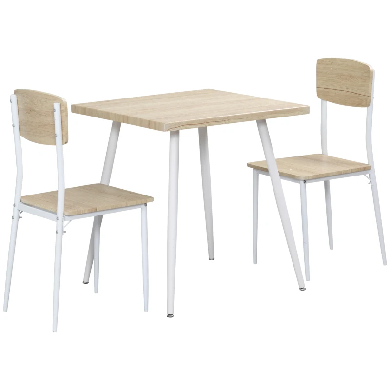 HOMCOM Conjunto de Mesa de Jantar Quadrada 3 Peças com 2 Cadeiras Cozinha Sala de Jantar Tampo em MDF Estrutura de Metal Branco