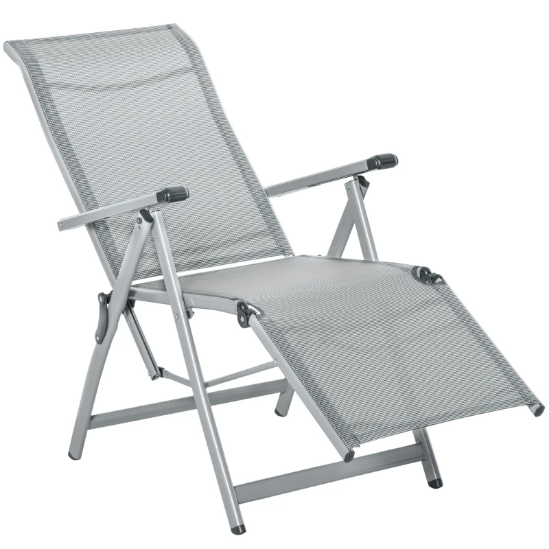 Outsunny Chaise longue pliable transat bain de soleil fauteuil relax jardin avec dossier & repose-pied réglable multi-positions, métal époxy textilène, gris