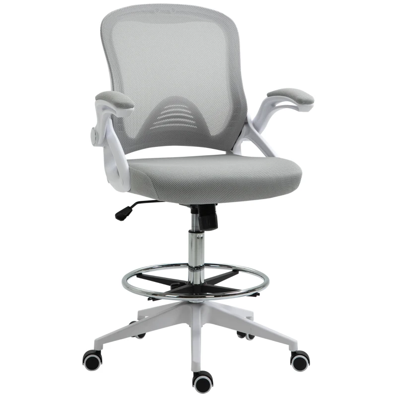 Vinsetto Cadeira de Escritório Assento Alto Ajustável Repousa Pés Braços Rebatíveis Giratória 360° Tela 64x60x106-126 cm Cinza Branco