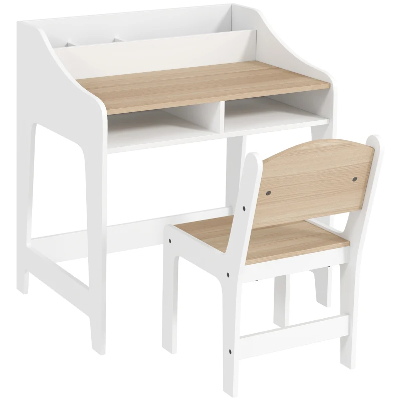 Aiyaplay Conjunto de Mesa e Cadeira para Crianças de 3-8 Anos com Compartimentos e Prateleiras Abertas Efeito Madeira Natural
