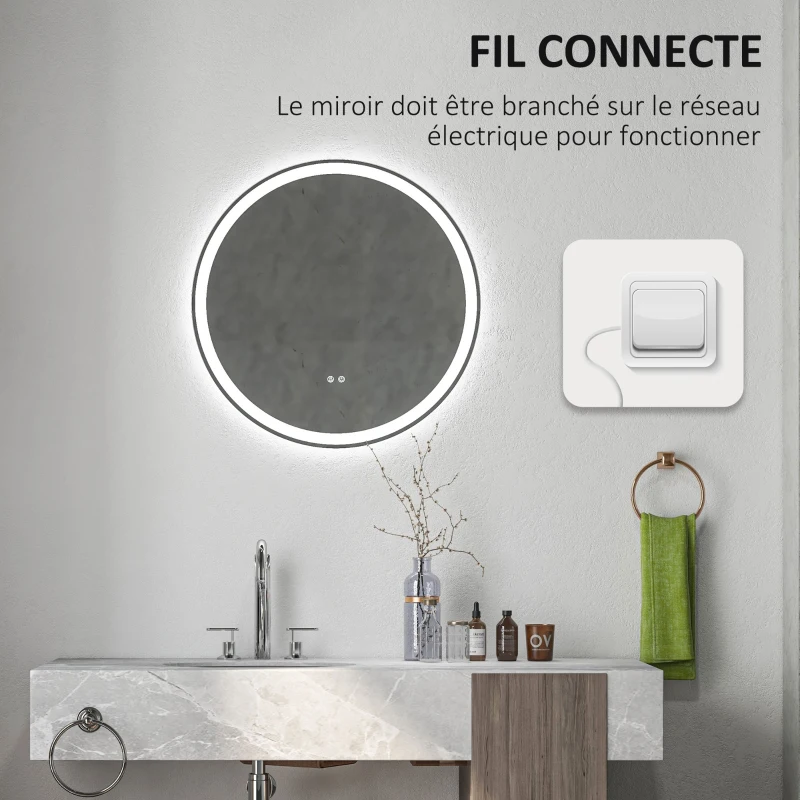 Kleankin Espelho Redondo Luminoso LED de Banheiro Ø 80 cm Mural com Iluminação 3 Cores Interruptor Tátil 46W Branco Prateado