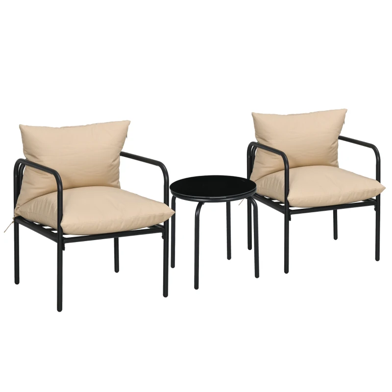 Outsunny Conjunto de Mobiliário de Jardim de 3 Peças para 2 Pessoas com 2 Cadeiras e 1 Mesa de Centro Redonda Metal Preto e Bege