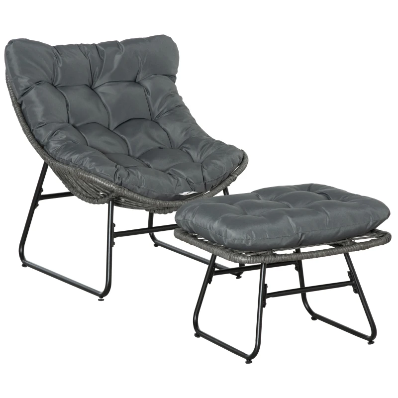 Outsunny Cadeira de Jardim com Otomano em Metal Epóxi e Vime Entrançado com Aspeto de Vime com Almofadas Macias Cinza