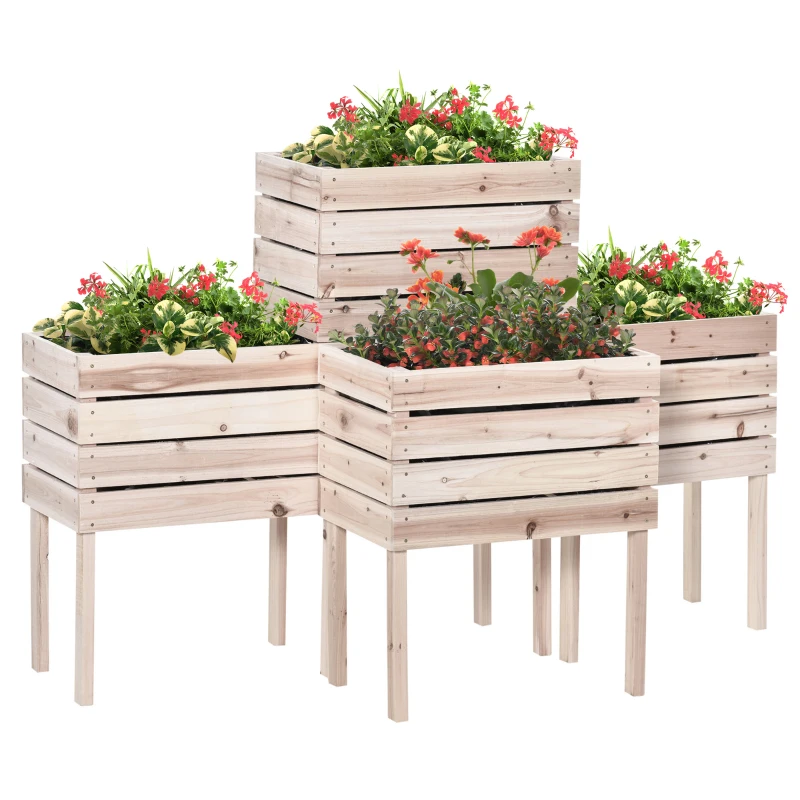 Outsunny Canteiros de Jardim em Pé Conjunto de 4 Canteiros em Pé Ajustáveis 50x30x60 cm Inserções de Irrigação Filme Protetor Pinho