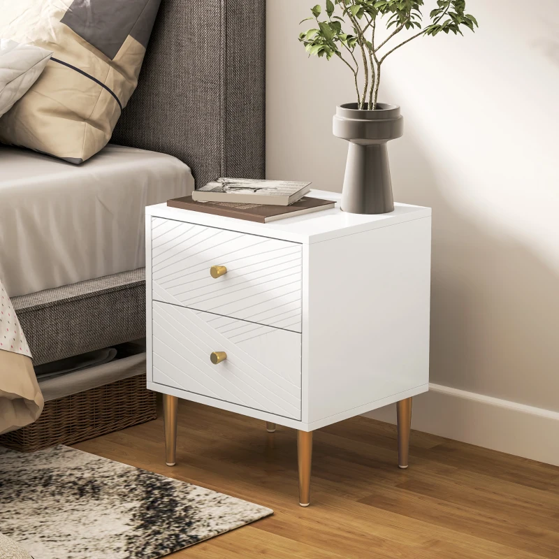 HOMCOM Mesa de Cabeceira com 2 Gavetas Puxadores Pés de Aço para Quarto Sala 40x35x50 cm Branco
