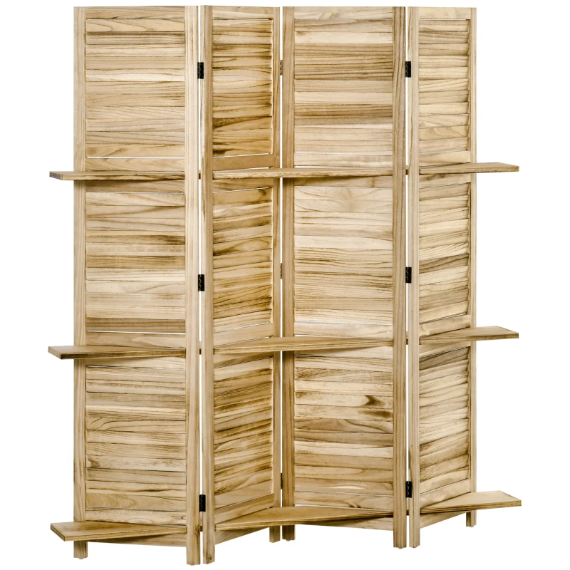 HOMCOM Biombo Interior 4 Painéis 3 Prateleiras Dobráveis Portas de Ripas Madeira de Paulownia Aspecto Pinho Autoclave