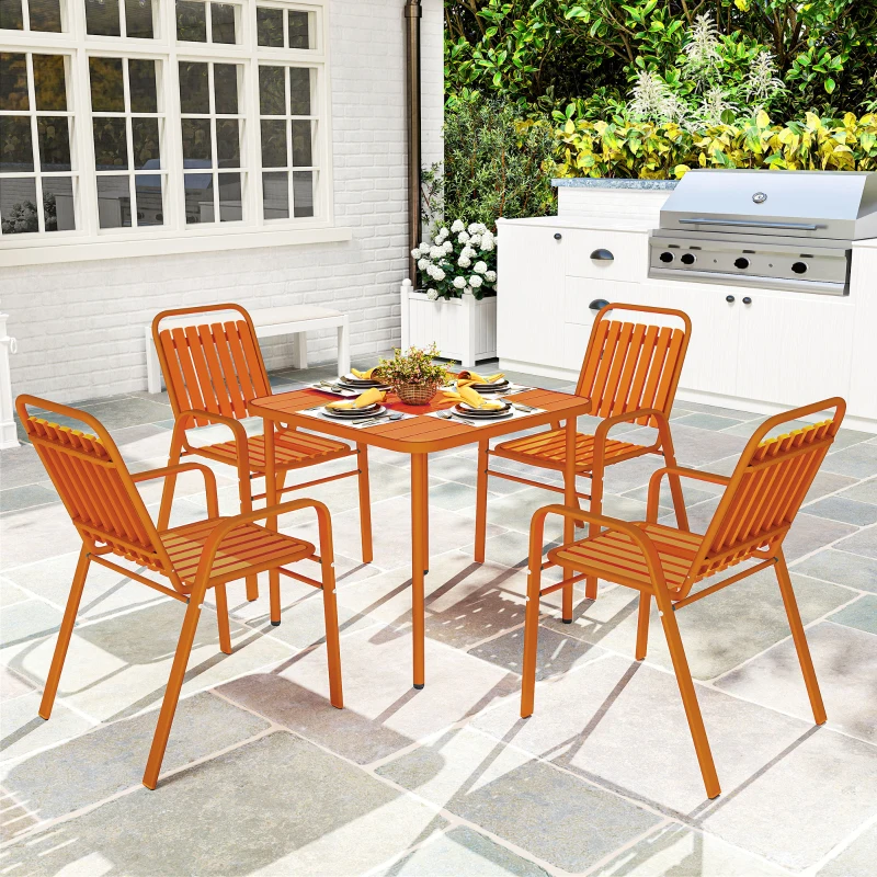 Outsunny Mesa de Jardim Exterior com 4 Cadeiras Empilháveis Tampo de Ripas 80 cm Estrutura em Aço Antiferrugem Laranja