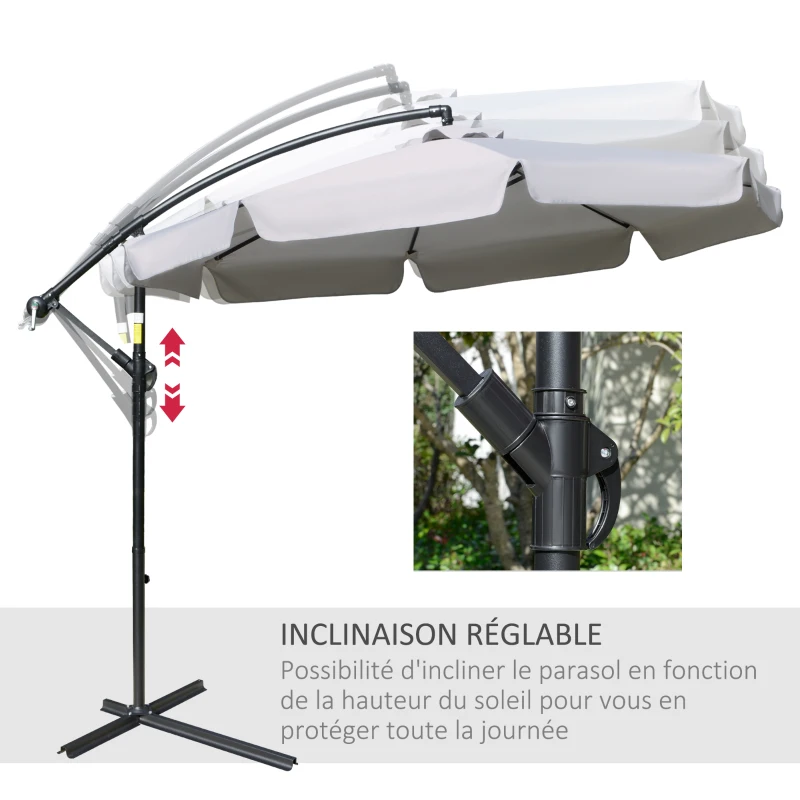 Outsunny Parasol déporté octogonal inclinable manivelle avec pied en croix Ø 2,65 x 2,45H m gris clair