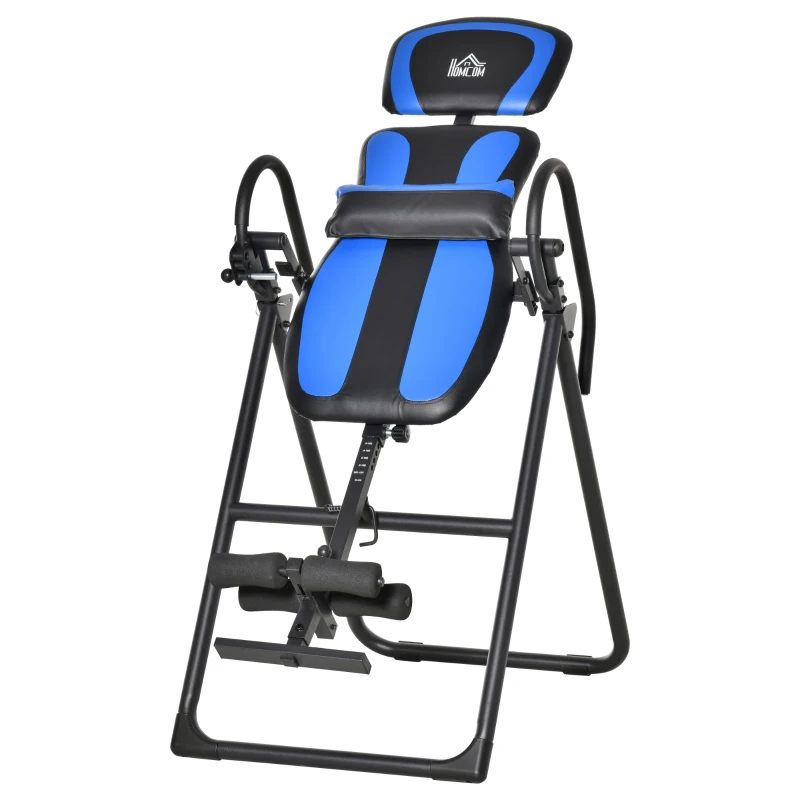 HOMCOM Mesa de Inversão Dobrável com Altura Ajustável entre 140-203 cm e Cinto de Segurança 132x71x145 cm Preto e Azul