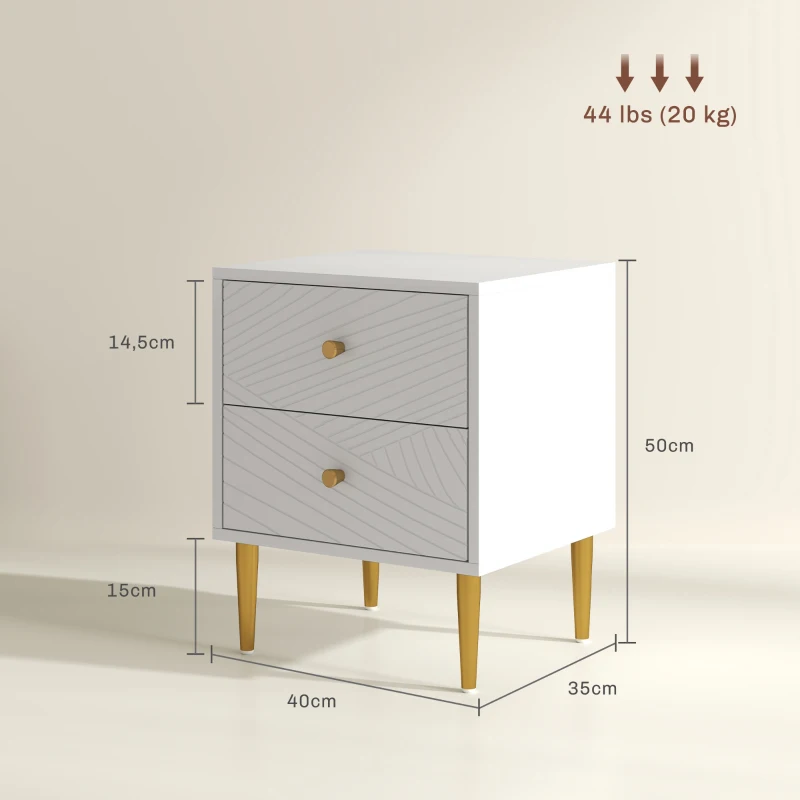 HOMCOM Mesa de Cabeceira com 2 Gavetas Puxadores Pés de Aço para Quarto Sala 40x35x50 cm Branco