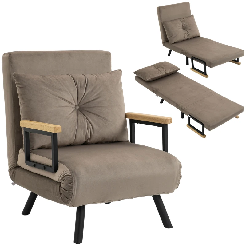 HOMCOM Poltrona Conversível 4 em 1 Cama 1 Lugar Encosto 5 Posições Braços em Madeira e Travesseiro Tecido Veludo Castanho