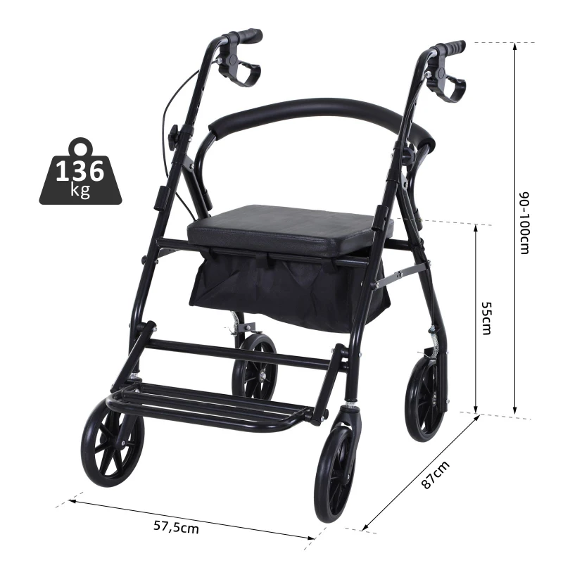 HOMCOM Andarilho 4 Rodas Andarilho Dobrável Leve Assento Encosto Acolchoado Pegas Ergonómicas Metal Preto