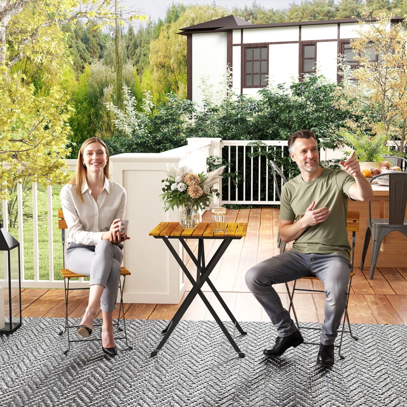 Outsunny Conjunto Bistrô de Jardim 3 Peças com 2 Cadeiras e Mesa de Centro em Madeira de Acácia e Aço Efeito Madeira Natural