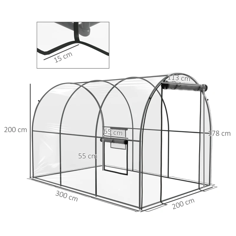 Outsunny Estufa de Jardim Túnel 6 ㎡ 3x2x2 m Châssis Tubular Reforçado Porta com Zíper 2 Janelas Enroláveis Transparente