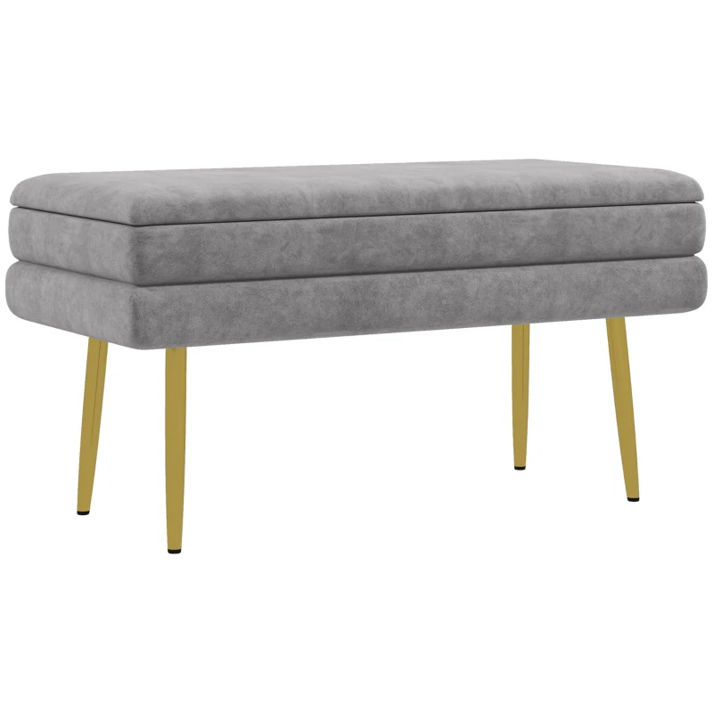 HOMCOM Banco Baú de Armazenamento 2 em 1 Assento de Veludo e Pés de Aço 79,5x37,5x43 cm Cinza e Dourado