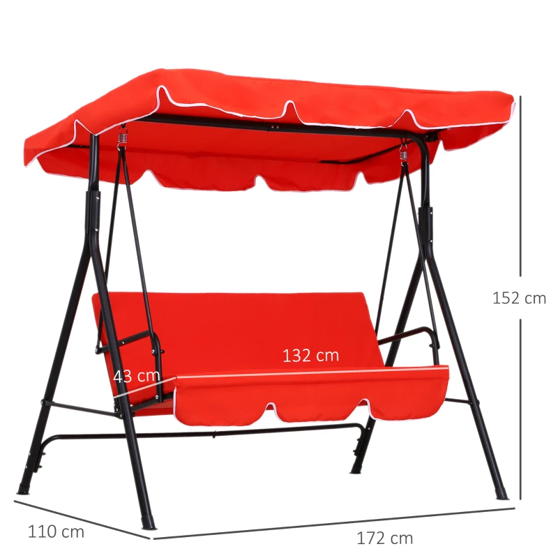 Outsunny Baloiço de Jardim 3 Lugares Teto Inclinação Ajustável Assento e Encosto 1,72x1,1x1,52 m Aço Preto Poliéster Vermelho