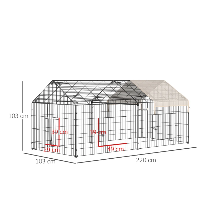 Pawhut Cercado para Pequenos Animais Gaiola Animais de Estimação Estrutura de Metal 4 Estacas de Solo 220x103x103 cm Preto e Bege