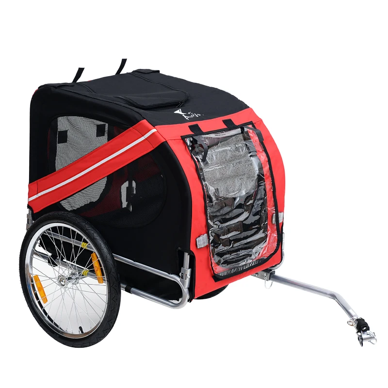 Pawhut Carretinha de Bicicleta para Cães Animais 8 Refletores Bandeira Aço Poliéster Impermeável Máx.30 Kg 130x73x90 cm Vermelho
