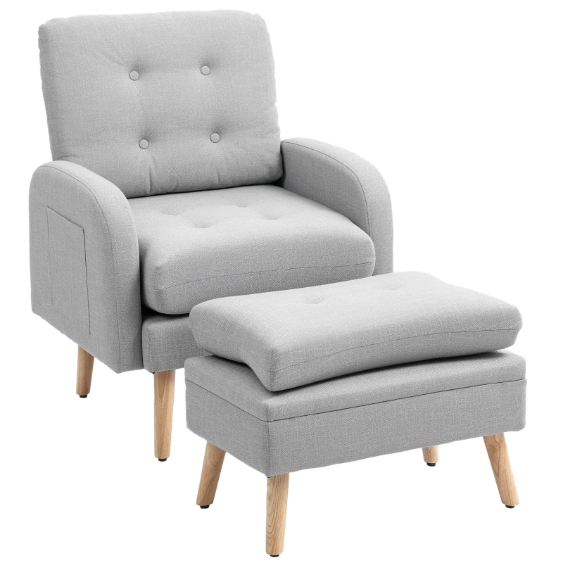 HOMCOM Poltrona de Relaxamento com Apoio para Os Pés Poltrona TV com Almofadas em Tecido de Linho 68,5x73,5x90 cm Cinza Claro