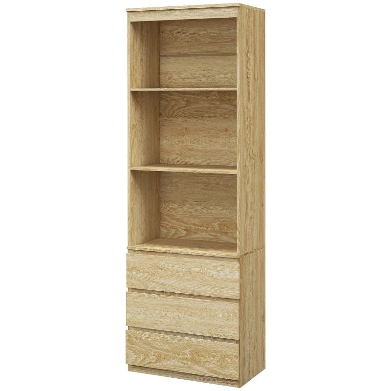 HOMCOM Estante Alta de 180 cm com 3 Prateleiras e 3 Gavetas 60x35x180 cm Painéis de Partículas Efeito Madeira