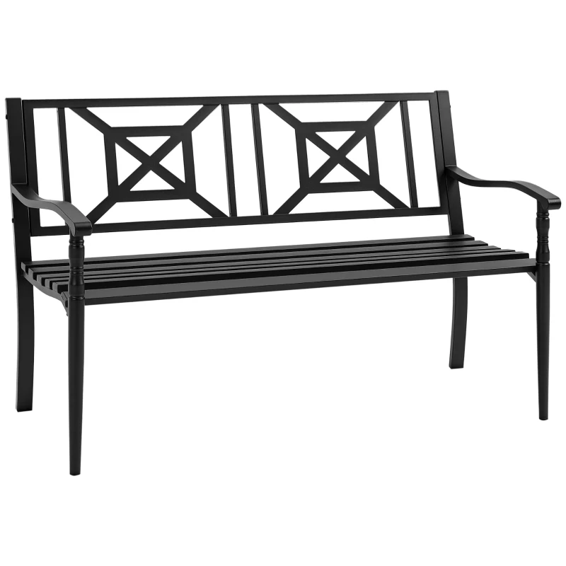 Outsunny Banco de Jardim de 2 Lugares Banco de Exterior de Aço com Apoio para os Braços e Encosto Decorativo para Terraço Varanda Pátio Carga 280kg 128x62,5x81,5cm Preto