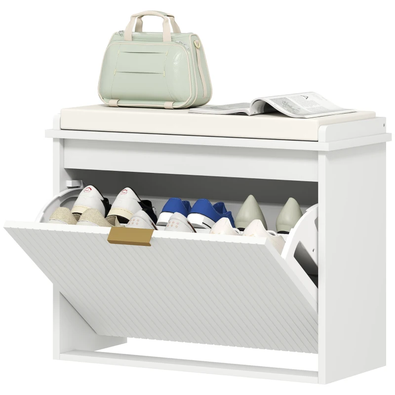 HOMCOM Bancada de Sapateira com Almofada de Assento Acolchoado e Gaveta Rebatível para Corredor Quarto 62x26x47,5 cm Branco
