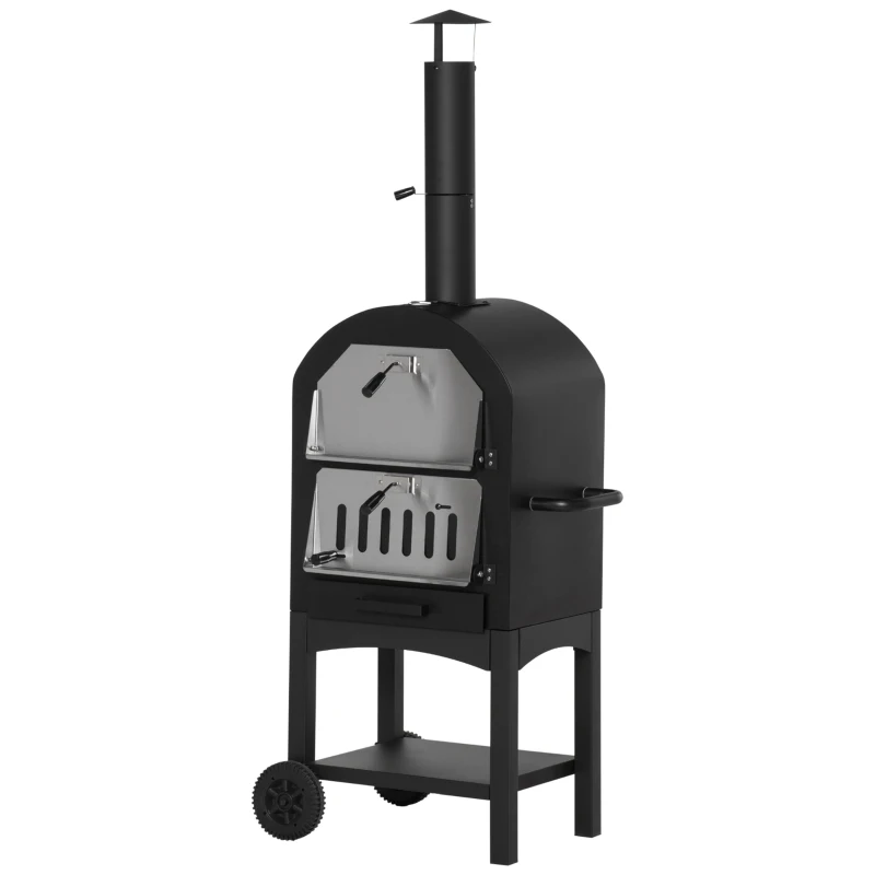 Outsunny Forno de Pizza Exterior a Carvão Churrasqueira com Rodas Forno de Lenha Pedra Refratária Chaminé Termômetro Aço Preto Cinza