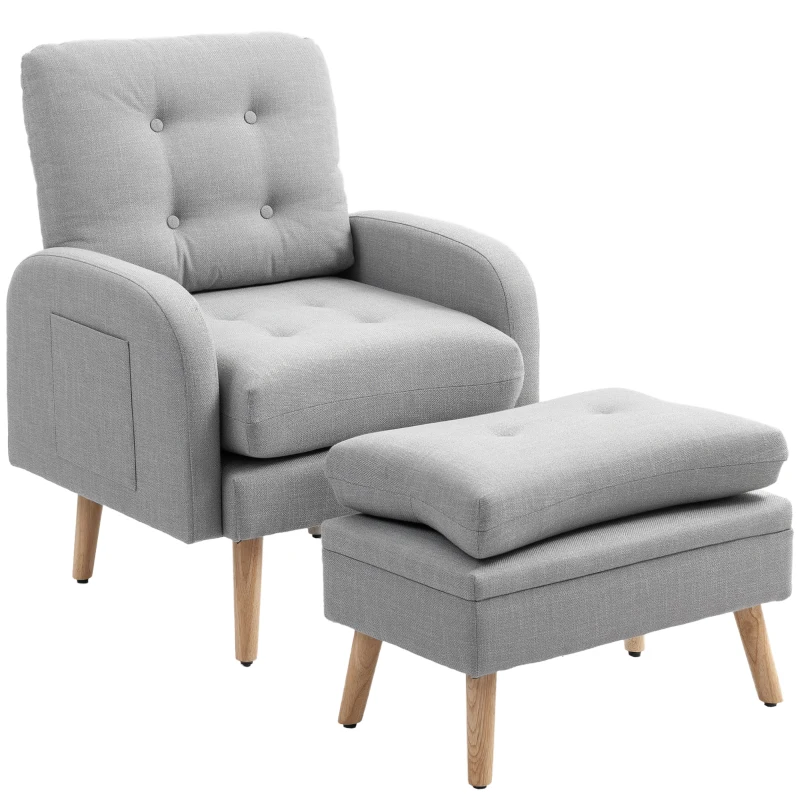 HOMCOM Poltrona de Relaxamento com Apoio para Os Pés Poltrona TV com Almofadas em Tecido de Linho 68,5x73,5x90 cm Cinza Claro