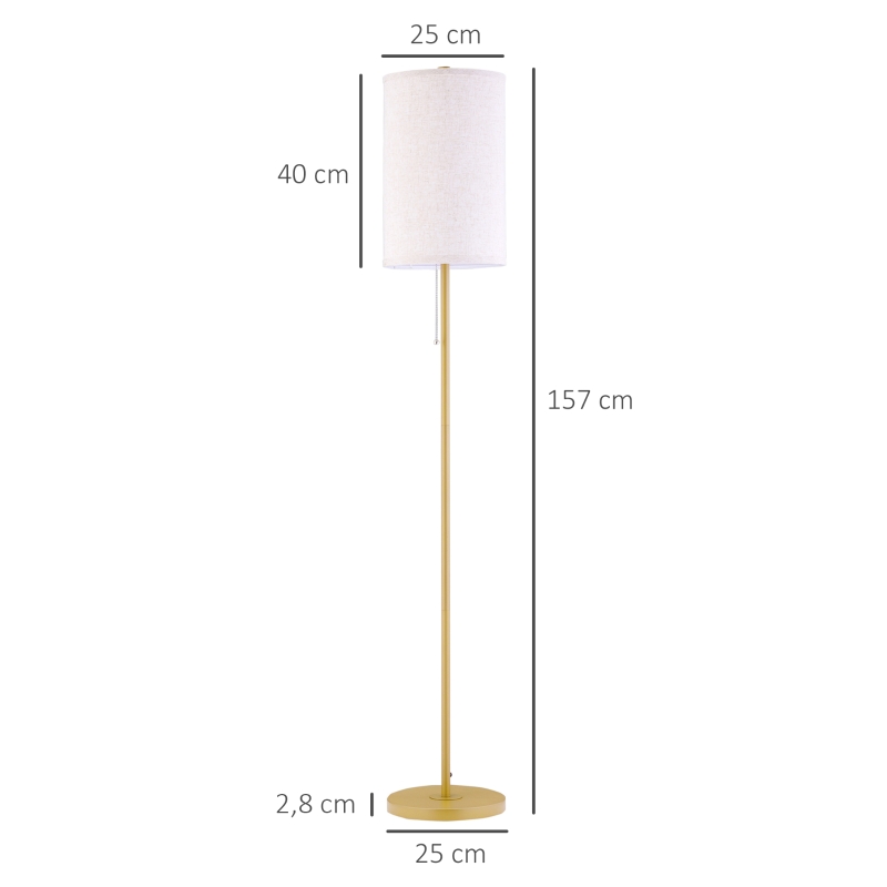 HOMCOM Candeeiro estilo 40 W Máx. Base de Aço Dourado Abajur de Linho Creme 25,5x25,5x157 cm Dourado e Bege