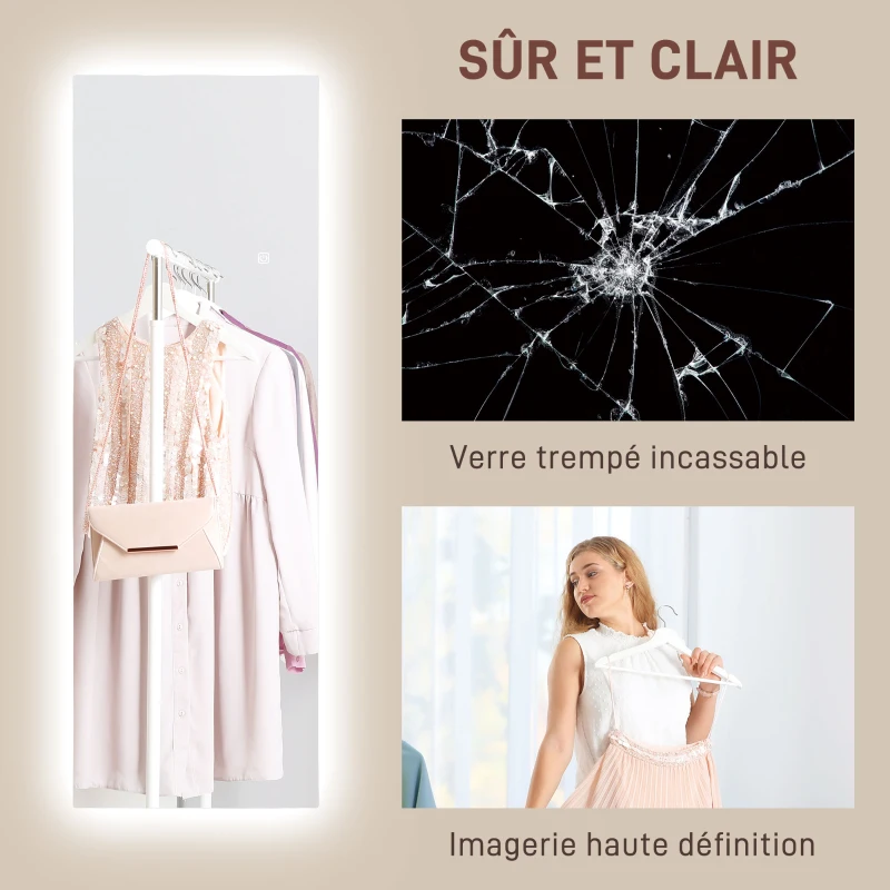 HOMCOM Grande Espelho de Parede LED de Comprimento Total 3 Cores de Luz Ajustáveis Função de Memória 120x40 cm Transparente