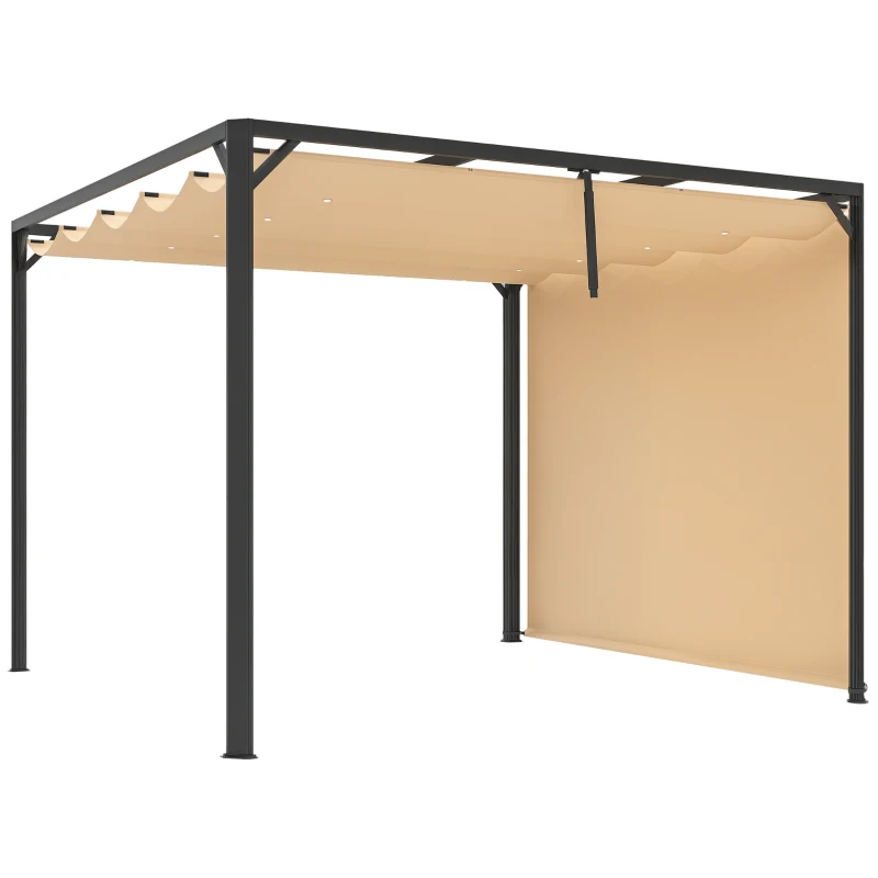 Outsunny 3 x 3m Aluminium Pergola, with Retractable Roof and Wall - Khaki