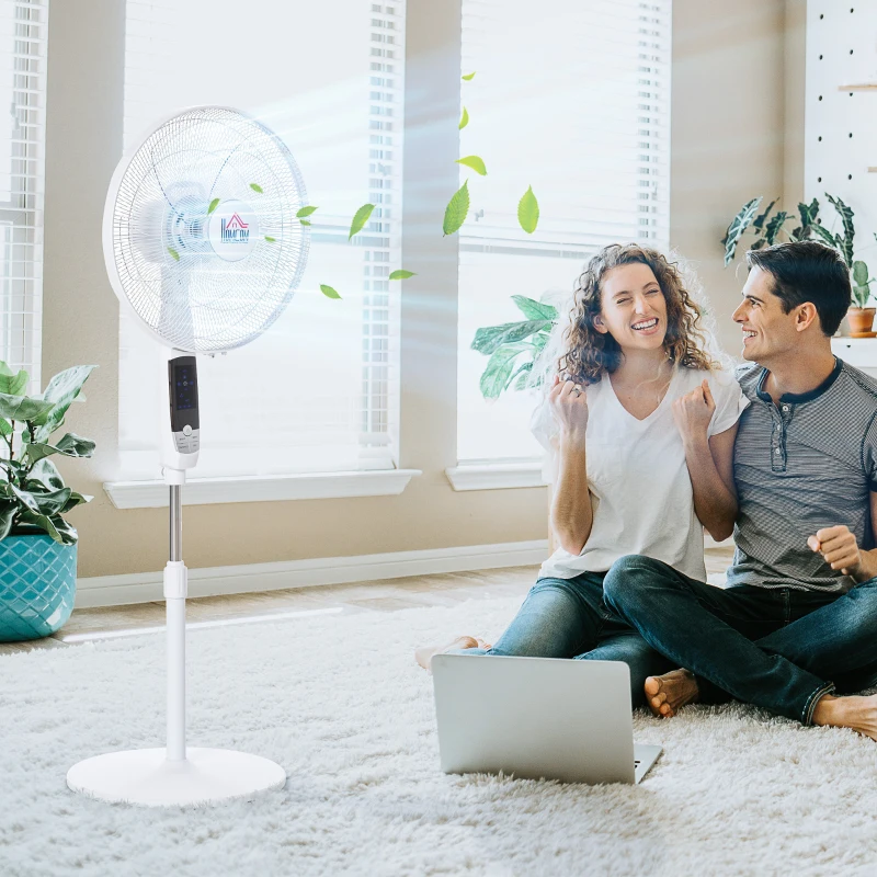 HOMCOM Ventoinha de Pedestal Ajustável em Altura Oscilante 85° 3 Velocidades 50 W com LED Controlo Remoto Temporizador Ø 42 cm Branco