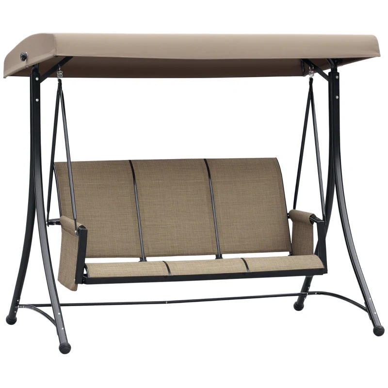 Outsunny Balancelle de Jardin 3 Places Toit Inclinaison réglable Assise Dossier Ergonomique 2 Pochettes Rangement métal époxy alu. textilène marron