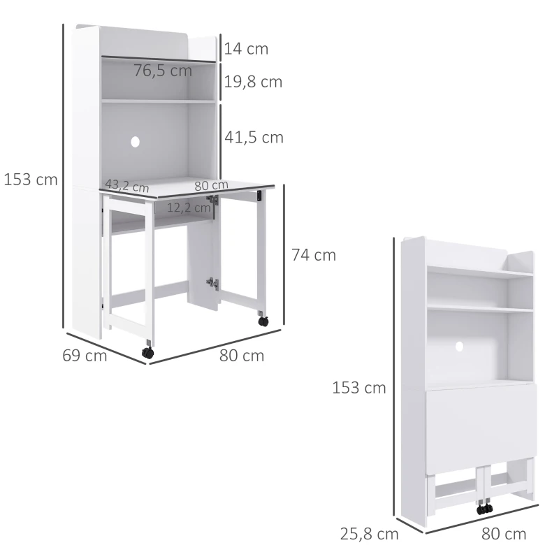 HOMCOM Mesa de Computador com Prateleiras de Arrumação Tampo Rebatível 2 Rodas para Quarto Sala 80x69x153 cm Branco