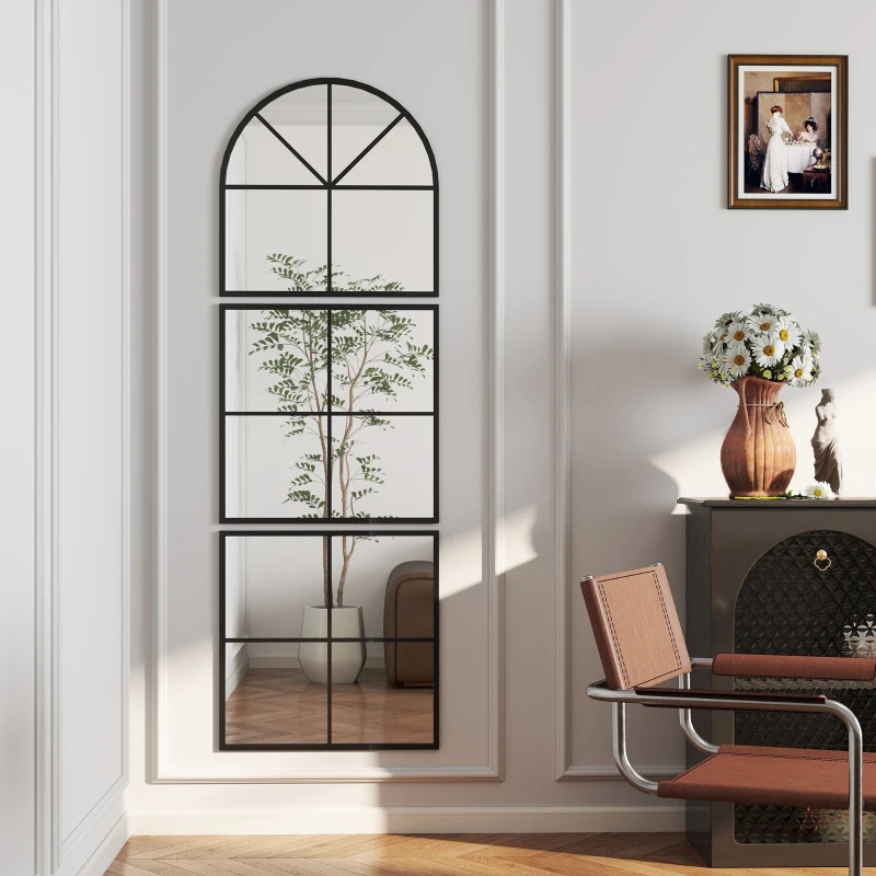 HOMCOM Espelho de Parede Arqueado 60x180 cm Forma de Janela com Moldura Metálica para Sala Quarto Corredor Preto
